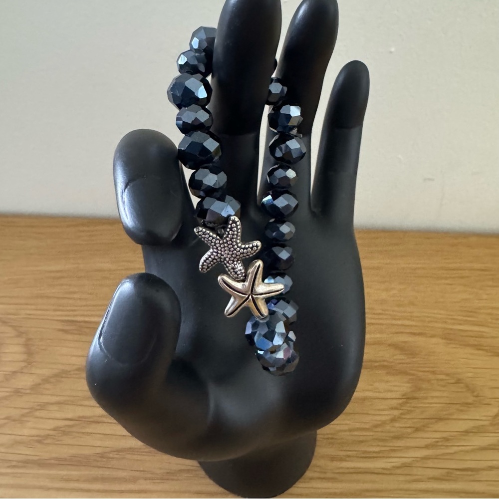 Vintage Elastic Beaded Silver Plated Starfish Dark Blue